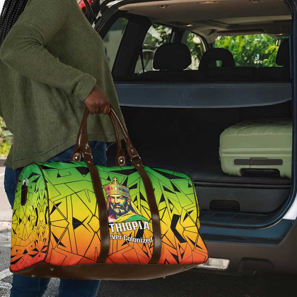 Menelik II Travel Bag with Crowned Portrait, Ethiopia Never Colonized Text and Pan-African Abstract - Wonder Print Shop