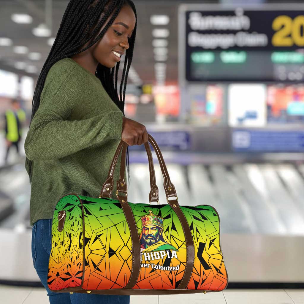 Menelik II Travel Bag with Crowned Portrait, Ethiopia Never Colonized Text and Pan-African Abstract - Wonder Print Shop