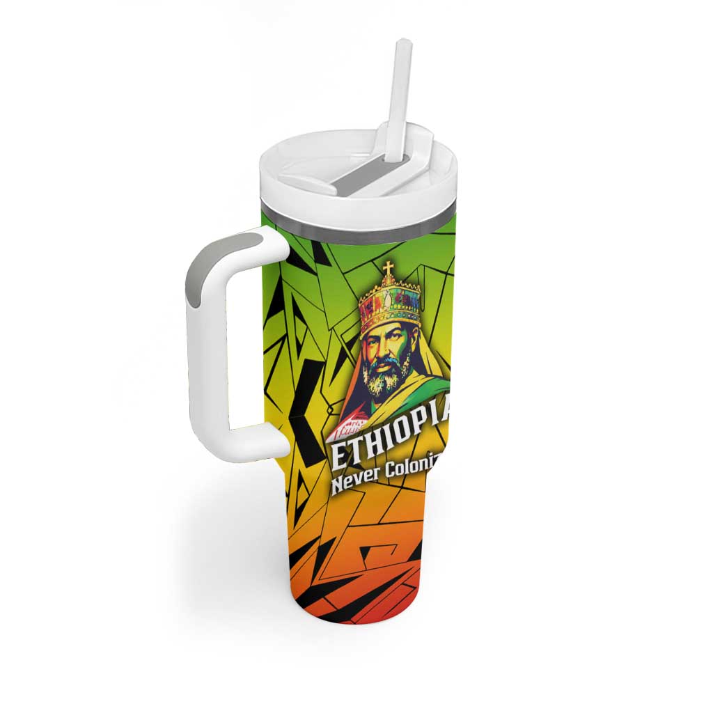 Menelik II Tumbler With Handle with Crowned Portrait, Ethiopia Never Colonized Text and Pan-African Abstract - Wonder Print Shop