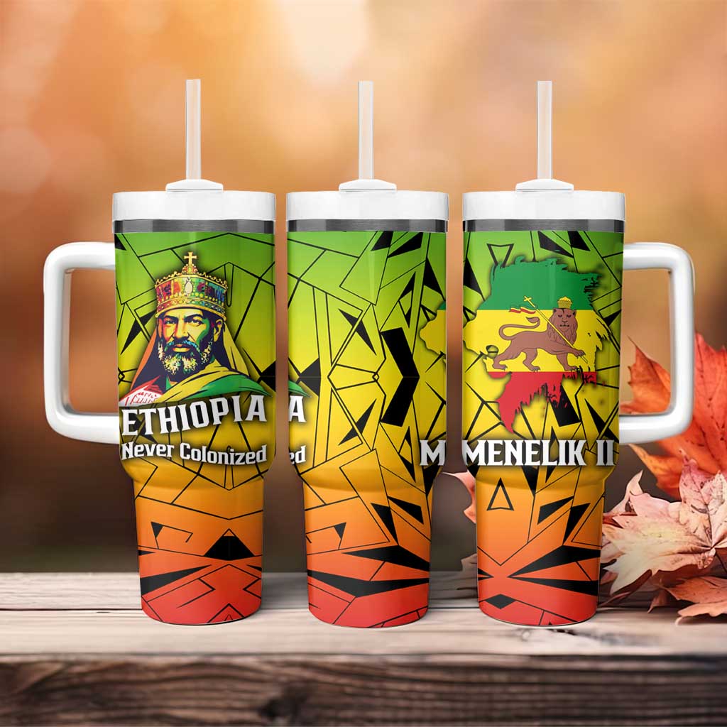 Menelik II Tumbler With Handle with Crowned Portrait, Ethiopia Never Colonized Text and Pan-African Abstract - Wonder Print Shop