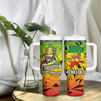 Menelik II Tumbler With Handle with Crowned Portrait, Ethiopia Never Colonized Text and Pan-African Abstract - Wonder Print Shop
