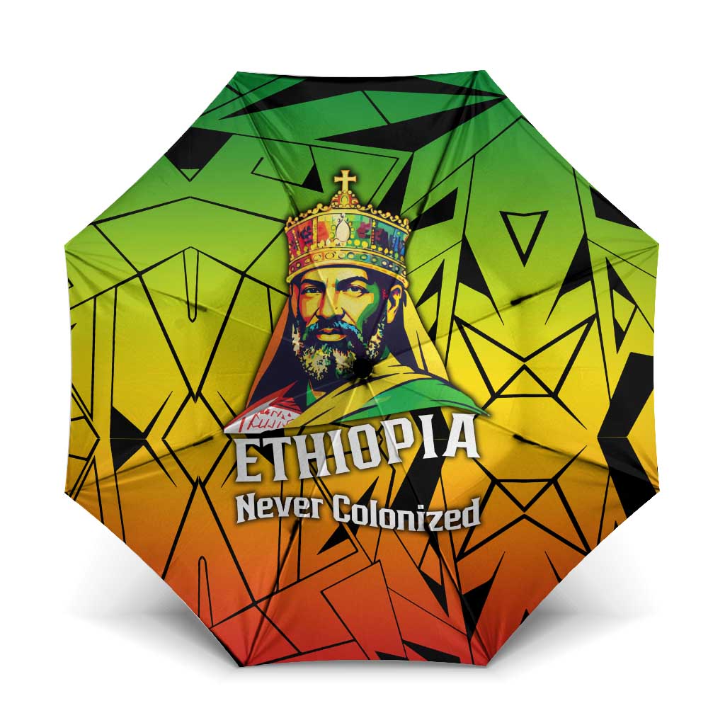 Menelik II Umbrella with Crowned Portrait, Ethiopia Never Colonized Text and Pan-African Abstract - Wonder Print Shop