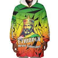 Menelik II Wearable Blanket Hoodie with Crowned Portrait, Ethiopia Never Colonized Text and Pan-African Abstract - Wonder Print Shop