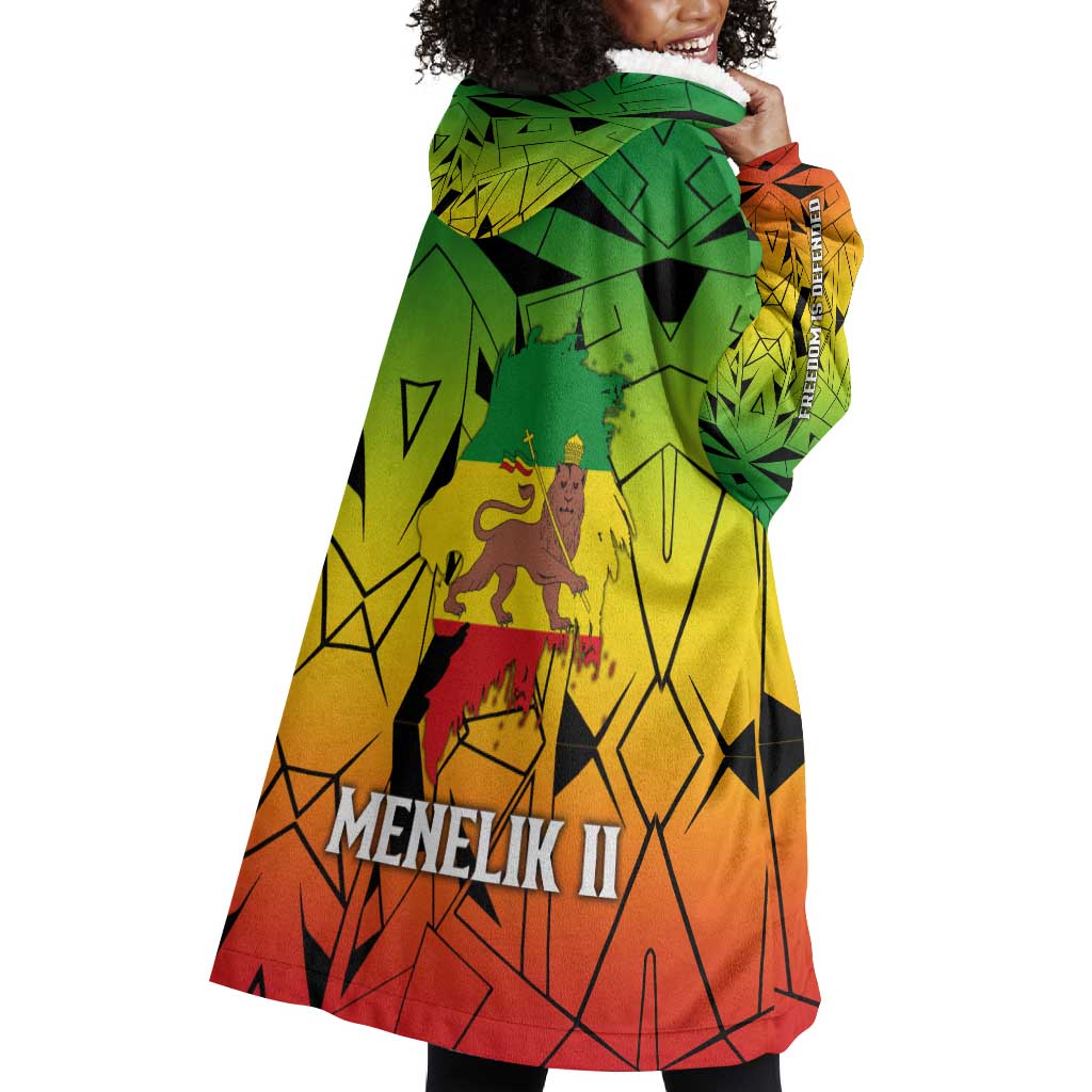 Menelik II Wearable Blanket Hoodie with Crowned Portrait, Ethiopia Never Colonized Text and Pan-African Abstract - Wonder Print Shop