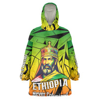 Menelik II Wearable Blanket Hoodie with Crowned Portrait, Ethiopia Never Colonized Text and Pan-African Abstract - Wonder Print Shop