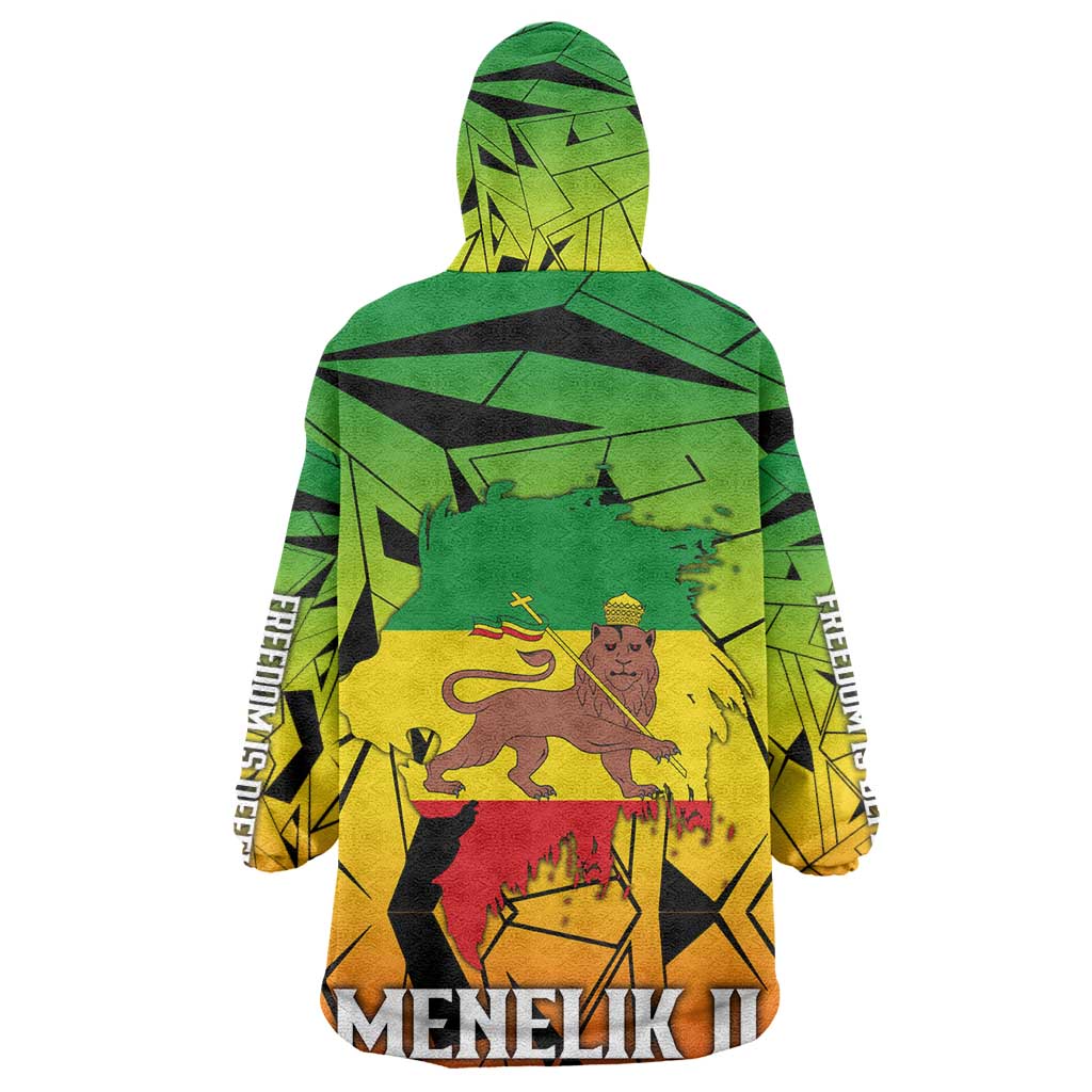Menelik II Wearable Blanket Hoodie with Crowned Portrait, Ethiopia Never Colonized Text and Pan-African Abstract - Wonder Print Shop