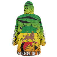 Menelik II Wearable Blanket Hoodie with Crowned Portrait, Ethiopia Never Colonized Text and Pan-African Abstract - Wonder Print Shop