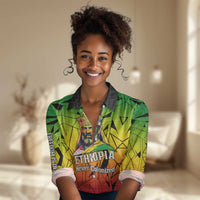 Menelik II Women Casual Shirt with Crowned Portrait, Ethiopia Never Colonized Text and Pan-African Abstract - Wonder Print Shop