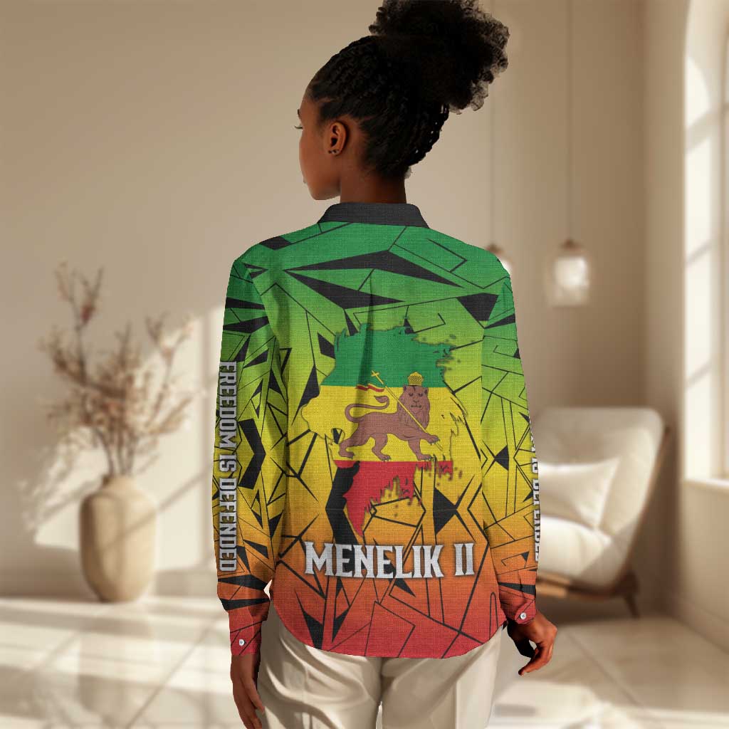 Menelik II Women Casual Shirt with Crowned Portrait, Ethiopia Never Colonized Text and Pan-African Abstract - Wonder Print Shop