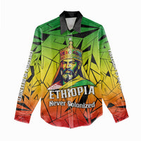 Menelik II Women Casual Shirt with Crowned Portrait, Ethiopia Never Colonized Text and Pan-African Abstract - Wonder Print Shop