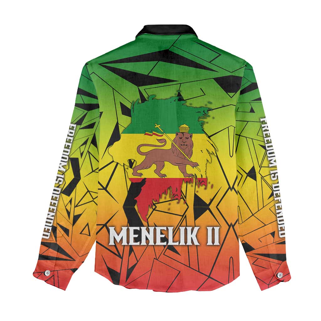 Menelik II Women Casual Shirt with Crowned Portrait, Ethiopia Never Colonized Text and Pan-African Abstract - Wonder Print Shop