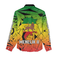 Menelik II Women Casual Shirt with Crowned Portrait, Ethiopia Never Colonized Text and Pan-African Abstract - Wonder Print Shop