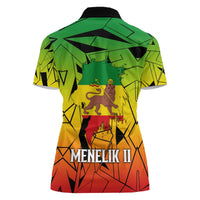 Menelik II Women Polo Shirt with Crowned Portrait, Ethiopia Never Colonized Text and Pan-African Abstract - Wonder Print Shop