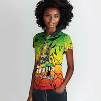 Menelik II Women Polo Shirt with Crowned Portrait, Ethiopia Never Colonized Text and Pan-African Abstract - Wonder Print Shop