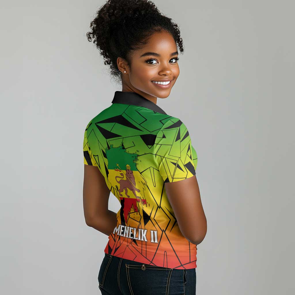 Menelik II Women Polo Shirt with Crowned Portrait, Ethiopia Never Colonized Text and Pan-African Abstract - Wonder Print Shop