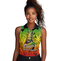 Menelik II Women Sleeveless Polo Shirt with Crowned Portrait, Ethiopia Never Colonized Text and Pan-African Abstract - Wonder Print Shop
