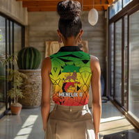 Menelik II Women Sleeveless Polo Shirt with Crowned Portrait, Ethiopia Never Colonized Text and Pan-African Abstract - Wonder Print Shop