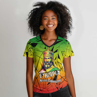 Menelik II Women V-Neck T-Shirt with Crowned Portrait, Ethiopia Never Colonized Text and Pan-African Abstract - Wonder Print Shop