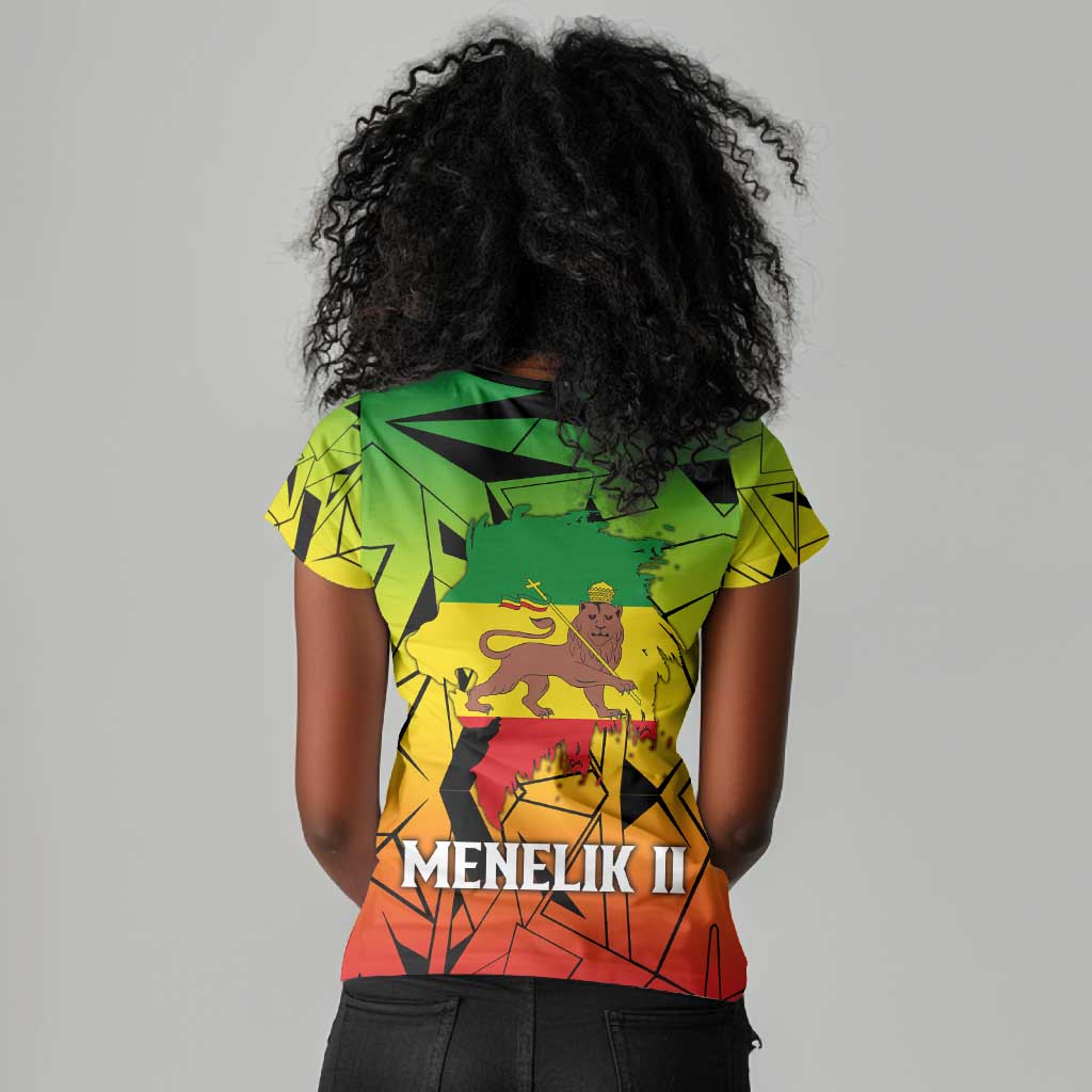 Menelik II Women V-Neck T-Shirt with Crowned Portrait, Ethiopia Never Colonized Text and Pan-African Abstract - Wonder Print Shop