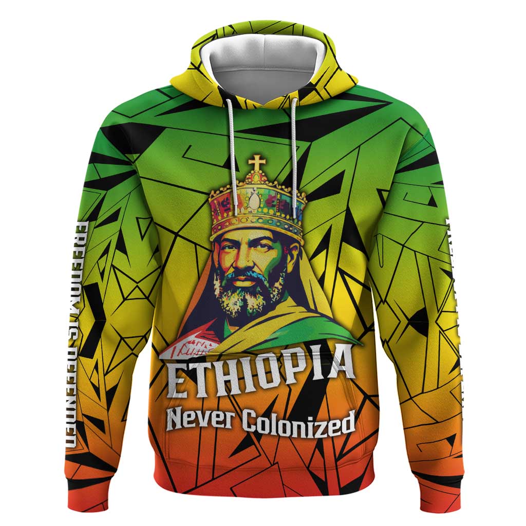 Menelik II Zip Hoodie with Crowned Portrait, Ethiopia Never Colonized Text and Pan-African Abstract - Wonder Print Shop