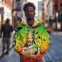 Menelik II Zip Hoodie with Crowned Portrait, Ethiopia Never Colonized Text and Pan-African Abstract - Wonder Print Shop