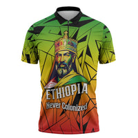 Menelik II Zipper Polo Shirt with Crowned Portrait, Ethiopia Never Colonized Text and Pan-African Abstract - Wonder Print Shop
