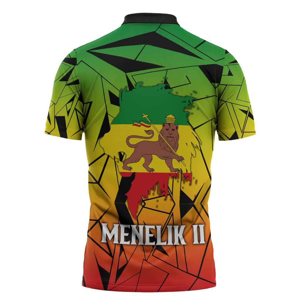 Menelik II Zipper Polo Shirt with Crowned Portrait, Ethiopia Never Colonized Text and Pan-African Abstract - Wonder Print Shop