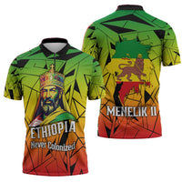 Menelik II Zipper Polo Shirt with Crowned Portrait, Ethiopia Never Colonized Text and Pan-African Abstract - Wonder Print Shop