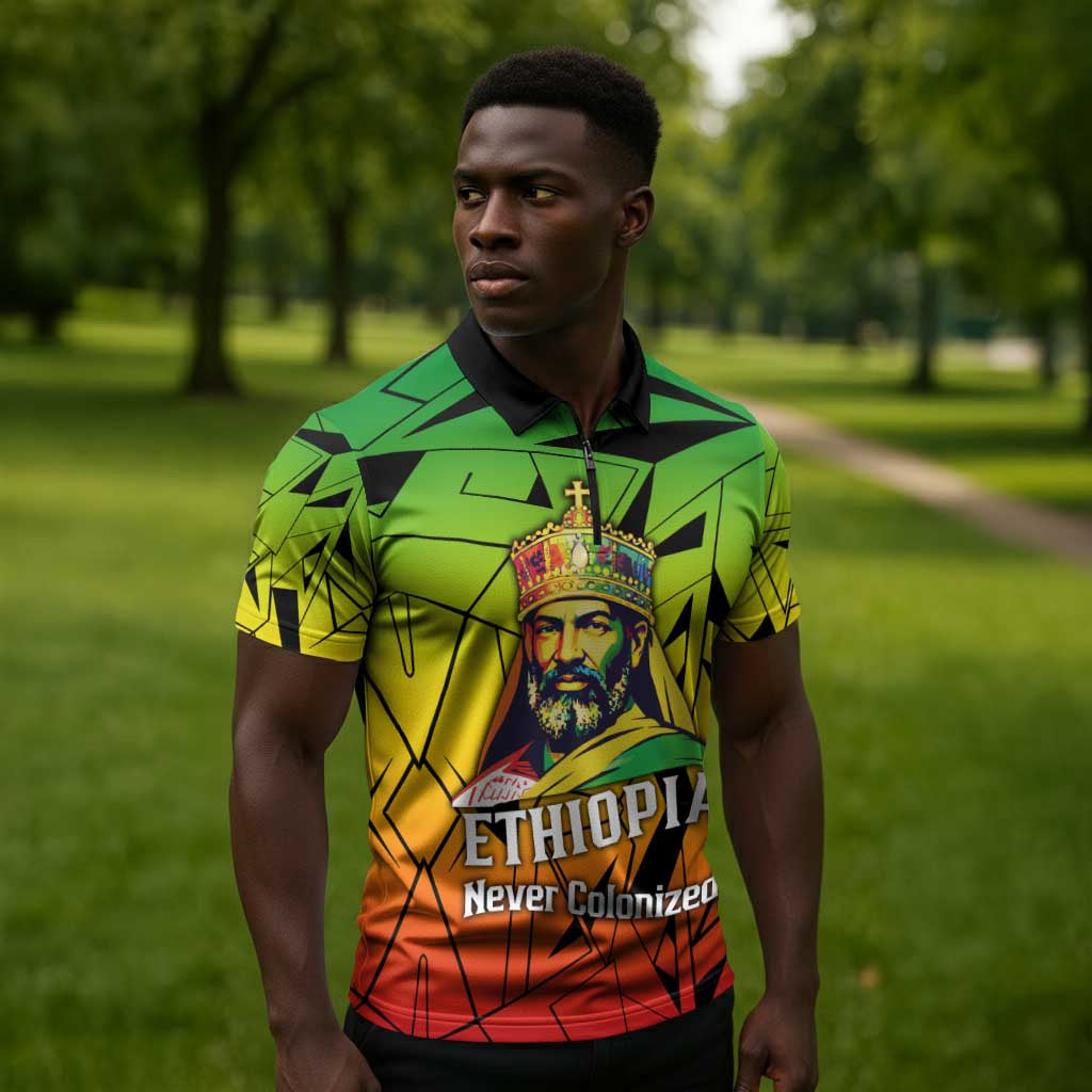 Menelik II Zipper Polo Shirt with Crowned Portrait, Ethiopia Never Colonized Text and Pan-African Abstract - Wonder Print Shop