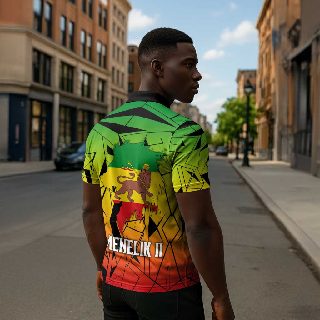 Menelik II Zipper Polo Shirt with Crowned Portrait, Ethiopia Never Colonized Text and Pan-African Abstract - Wonder Print Shop