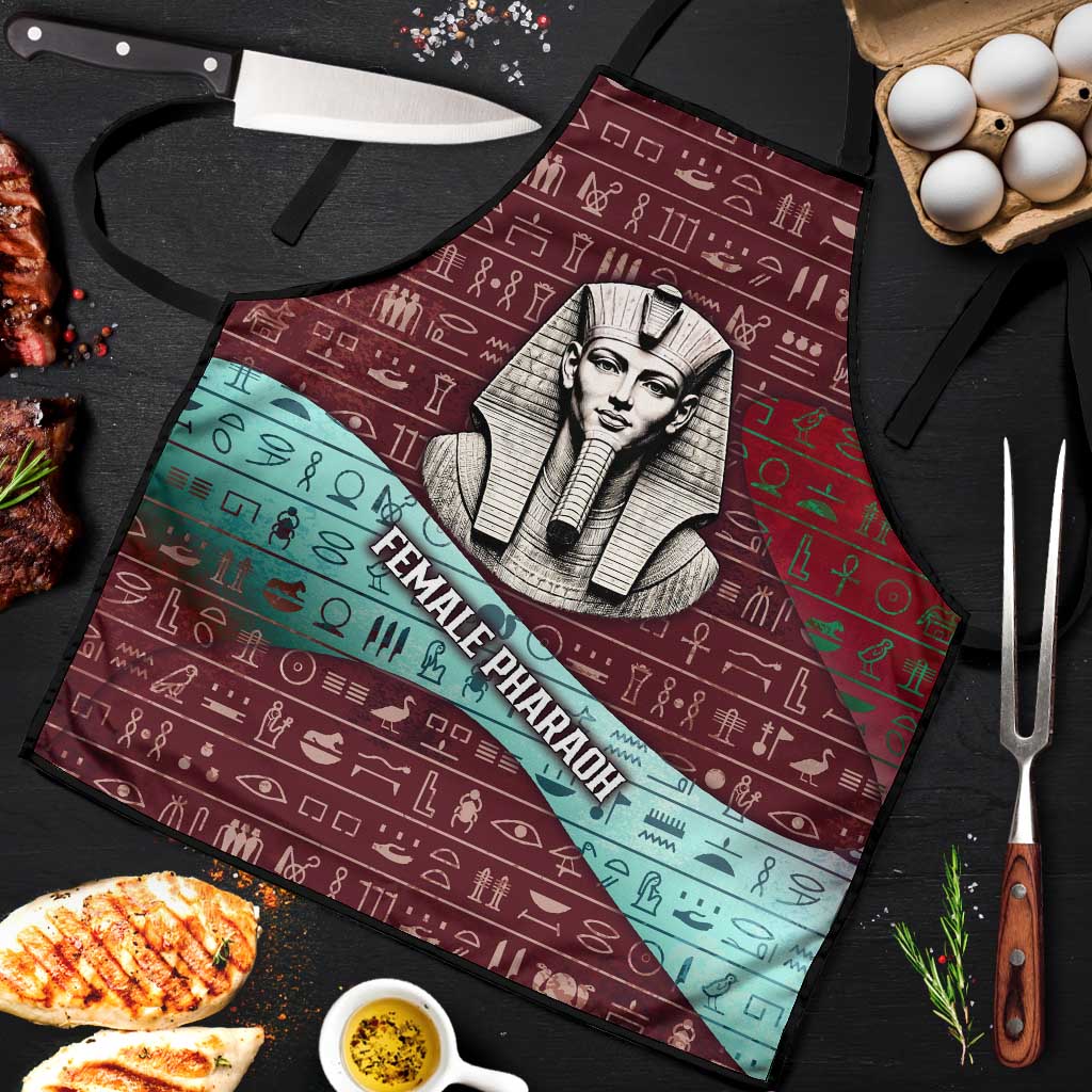 Hatshepsut Apron with Pharaoh Bust Illustration, Female Pharaoh Title and Egyptian Hieroglyph - Wonder Print Shop