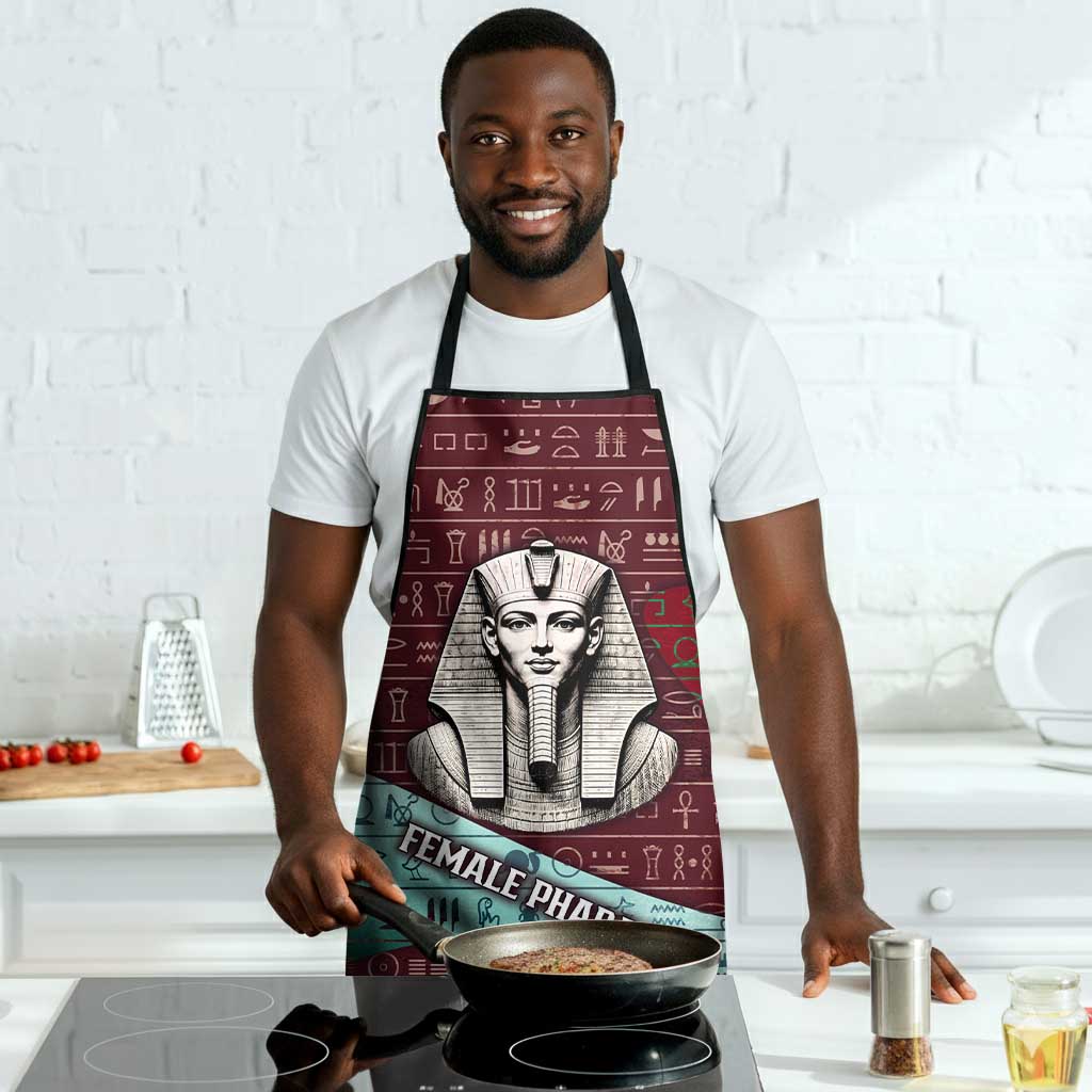 Hatshepsut Apron with Pharaoh Bust Illustration, Female Pharaoh Title and Egyptian Hieroglyph - Wonder Print Shop