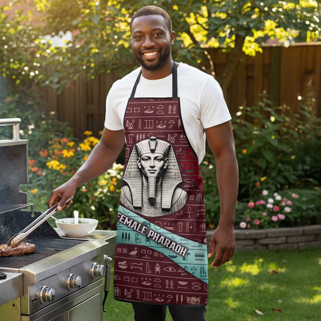 Hatshepsut Apron with Pharaoh Bust Illustration, Female Pharaoh Title and Egyptian Hieroglyph - Wonder Print Shop