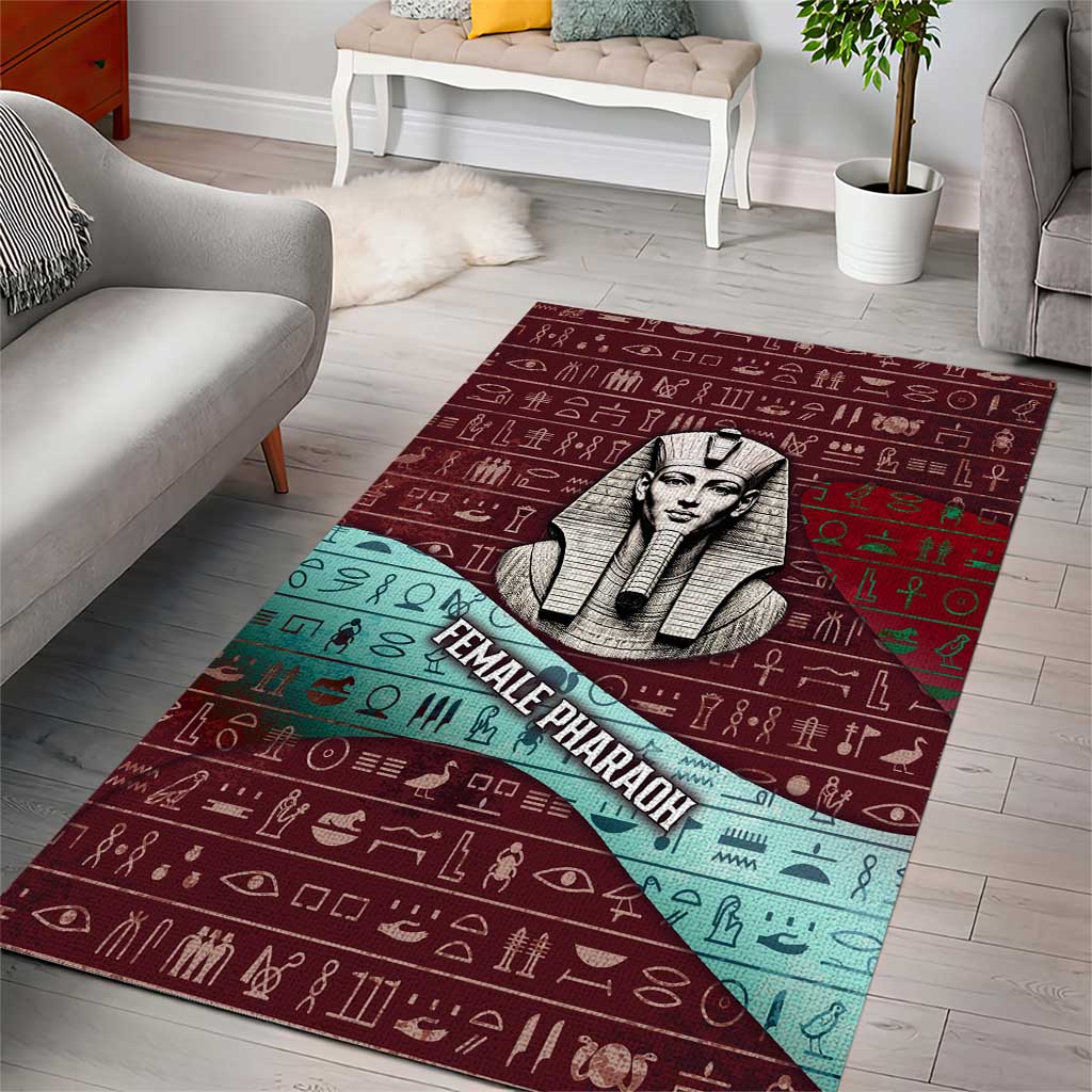 Hatshepsut Area Rug with Pharaoh Bust Illustration, Female Pharaoh Title and Egyptian Hieroglyph - Wonder Print Shop