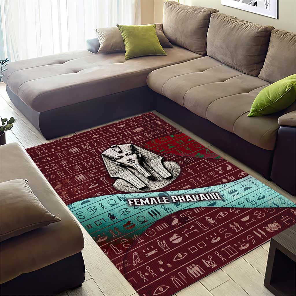 Hatshepsut Area Rug with Pharaoh Bust Illustration, Female Pharaoh Title and Egyptian Hieroglyph - Wonder Print Shop