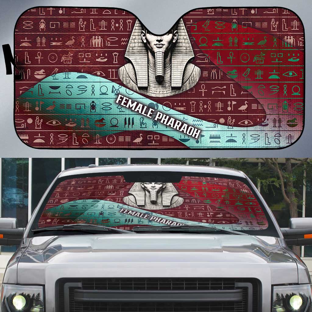 Hatshepsut Auto Sun Shade with Pharaoh Bust Illustration, Female Pharaoh Title and Egyptian Hieroglyph - Wonder Print Shop