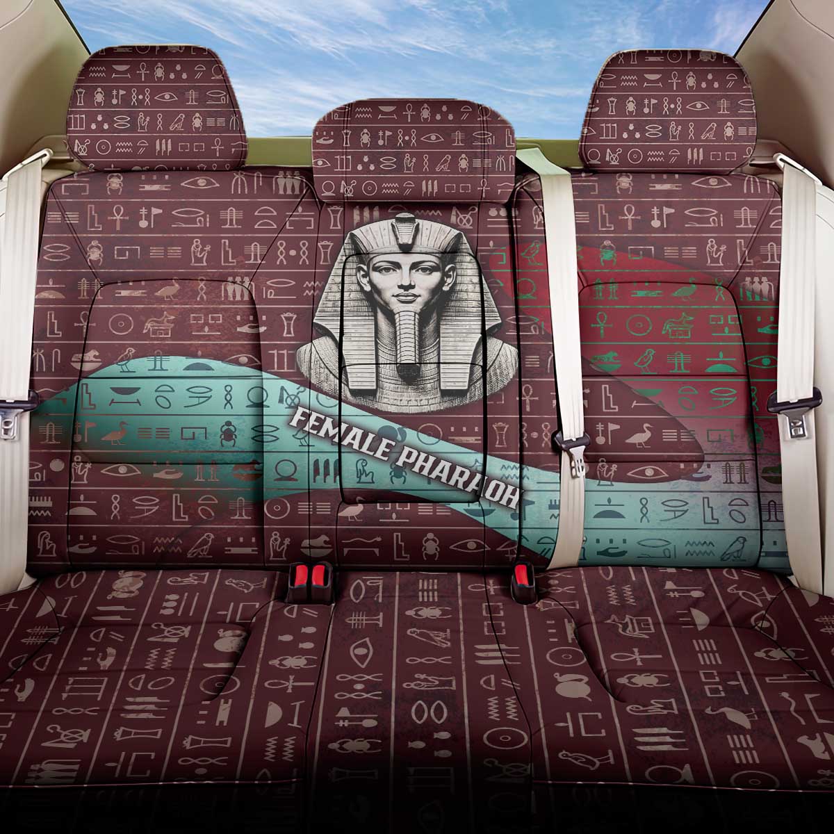 Hatshepsut Back Car Seat Cover with Pharaoh Bust Illustration, Female Pharaoh Title and Egyptian Hieroglyph - Wonder Print Shop