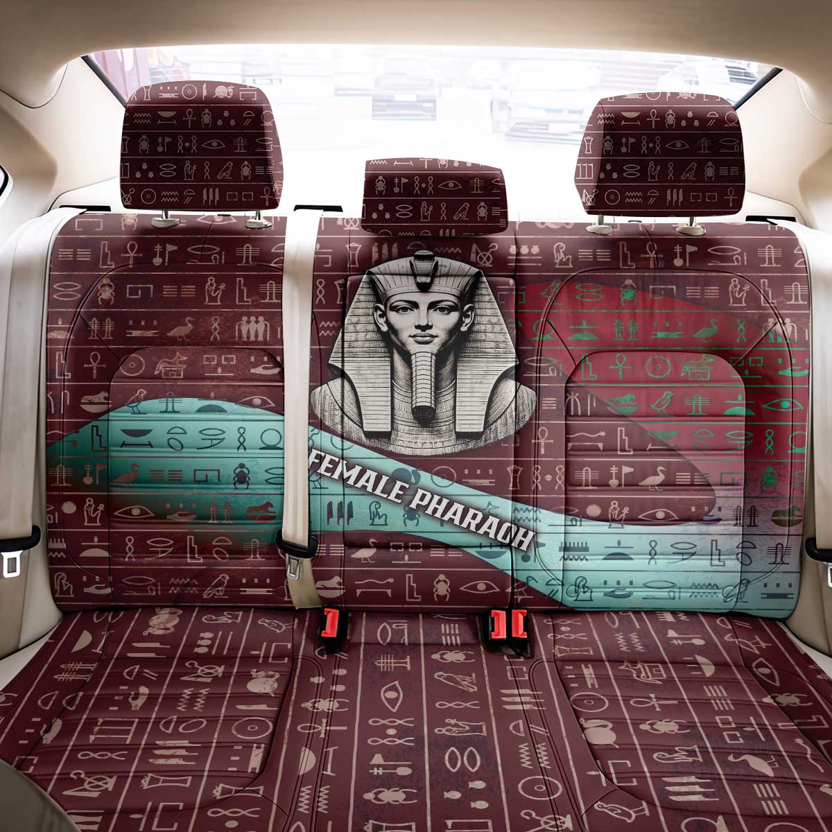 Hatshepsut Back Car Seat Cover with Pharaoh Bust Illustration, Female Pharaoh Title and Egyptian Hieroglyph - Wonder Print Shop