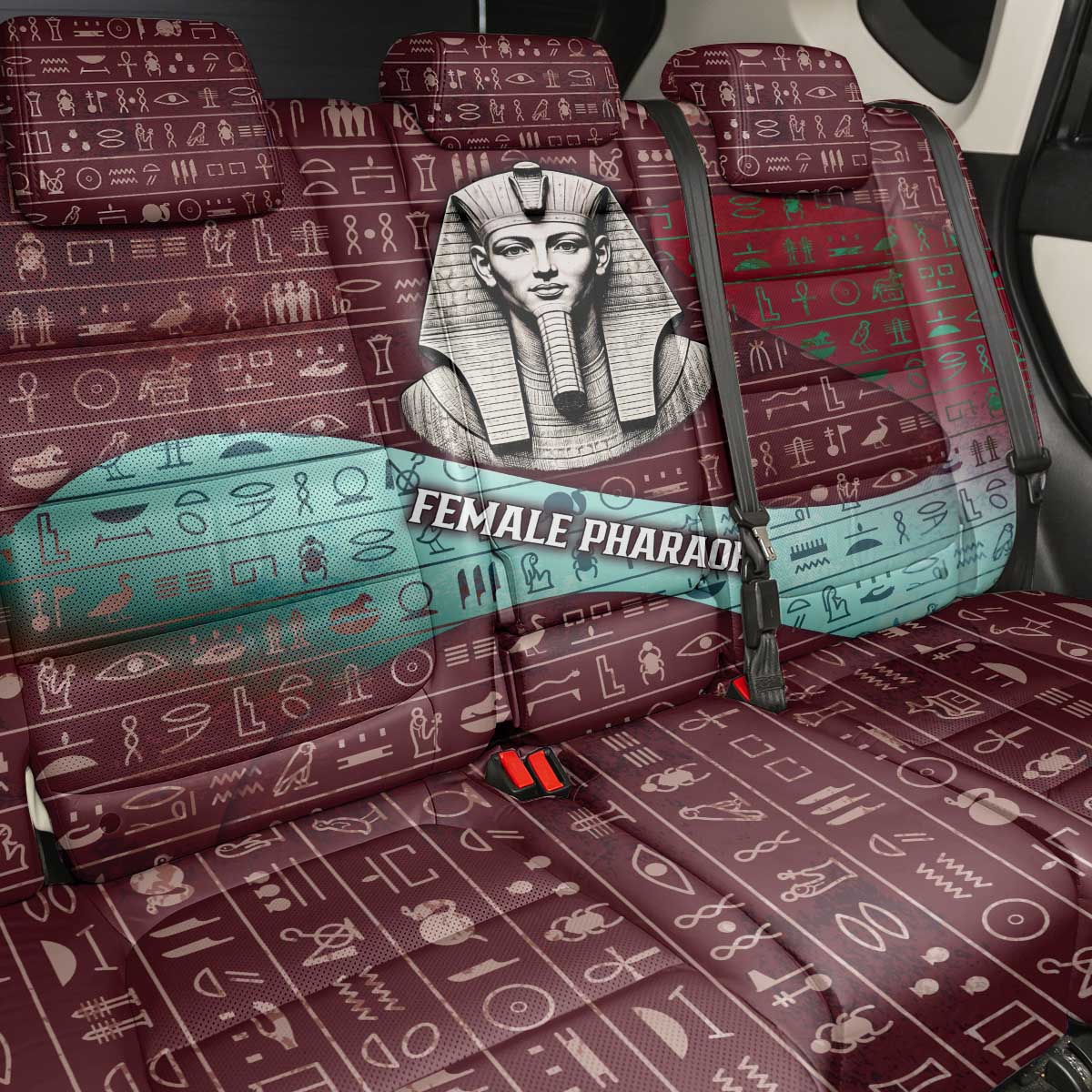 Hatshepsut Back Car Seat Cover with Pharaoh Bust Illustration, Female Pharaoh Title and Egyptian Hieroglyph - Wonder Print Shop
