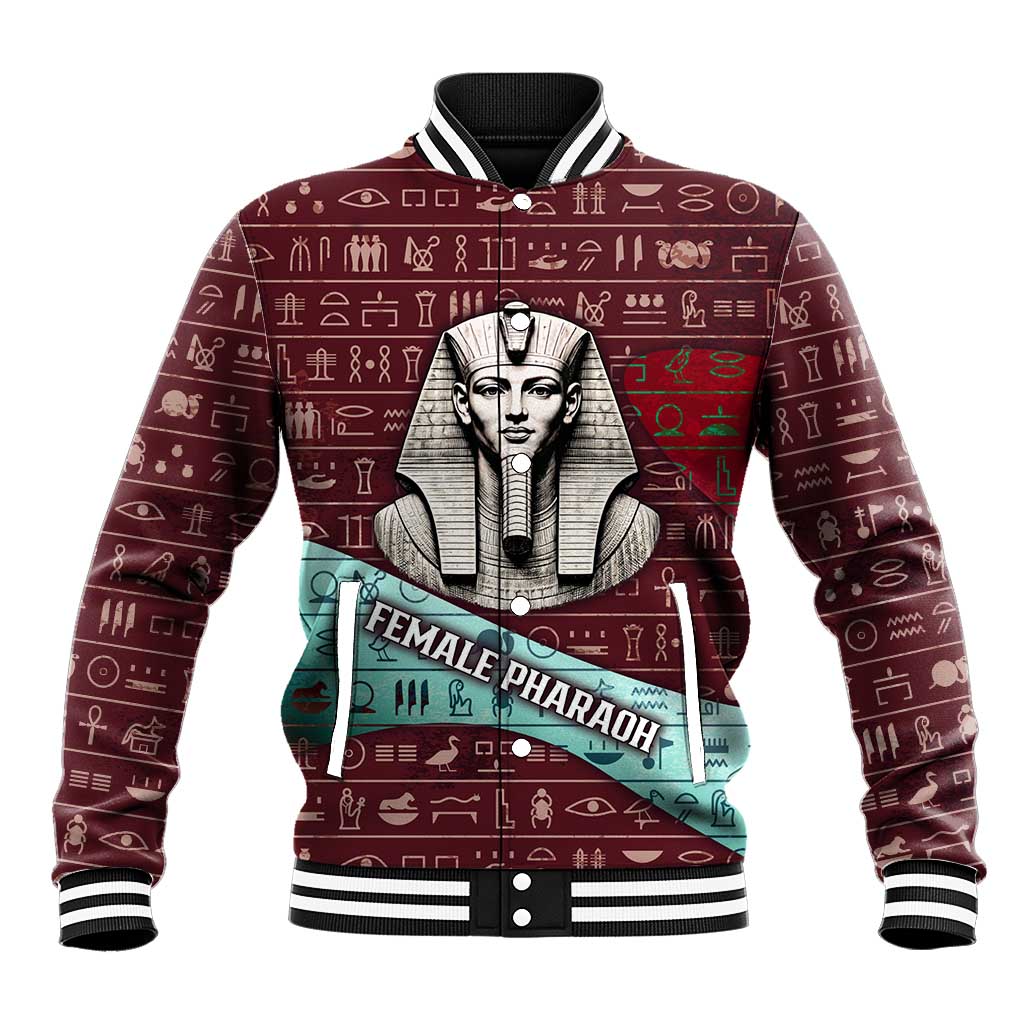 Hatshepsut Baseball Jacket with Pharaoh Bust Illustration, Female Pharaoh Title and Egyptian Hieroglyph - Wonder Print Shop