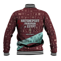 Hatshepsut Baseball Jacket with Pharaoh Bust Illustration, Female Pharaoh Title and Egyptian Hieroglyph - Wonder Print Shop