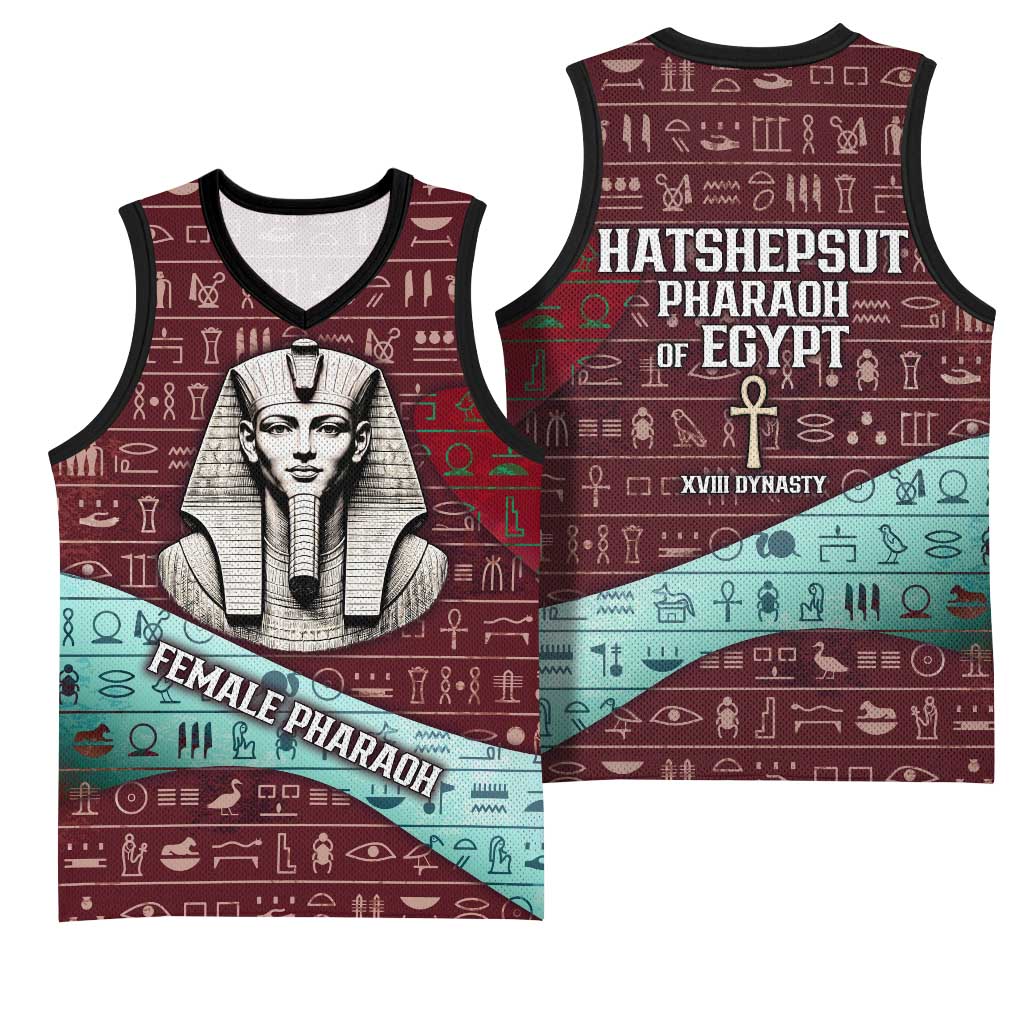 Hatshepsut Basketball Jersey with Pharaoh Bust Illustration, Female Pharaoh Title and Egyptian Hieroglyph - Wonder Print Shop