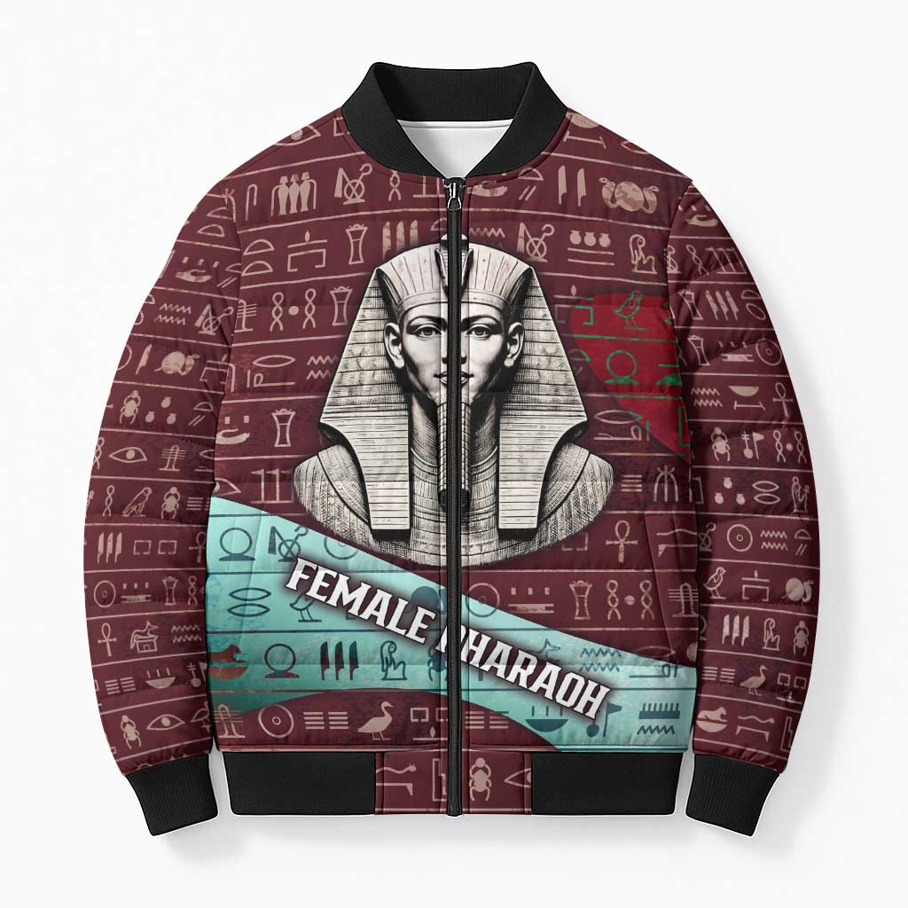 Hatshepsut Bomber Puffer Jacket with Pharaoh Bust Illustration, Female Pharaoh Title and Egyptian Hieroglyph - Wonder Print Shop