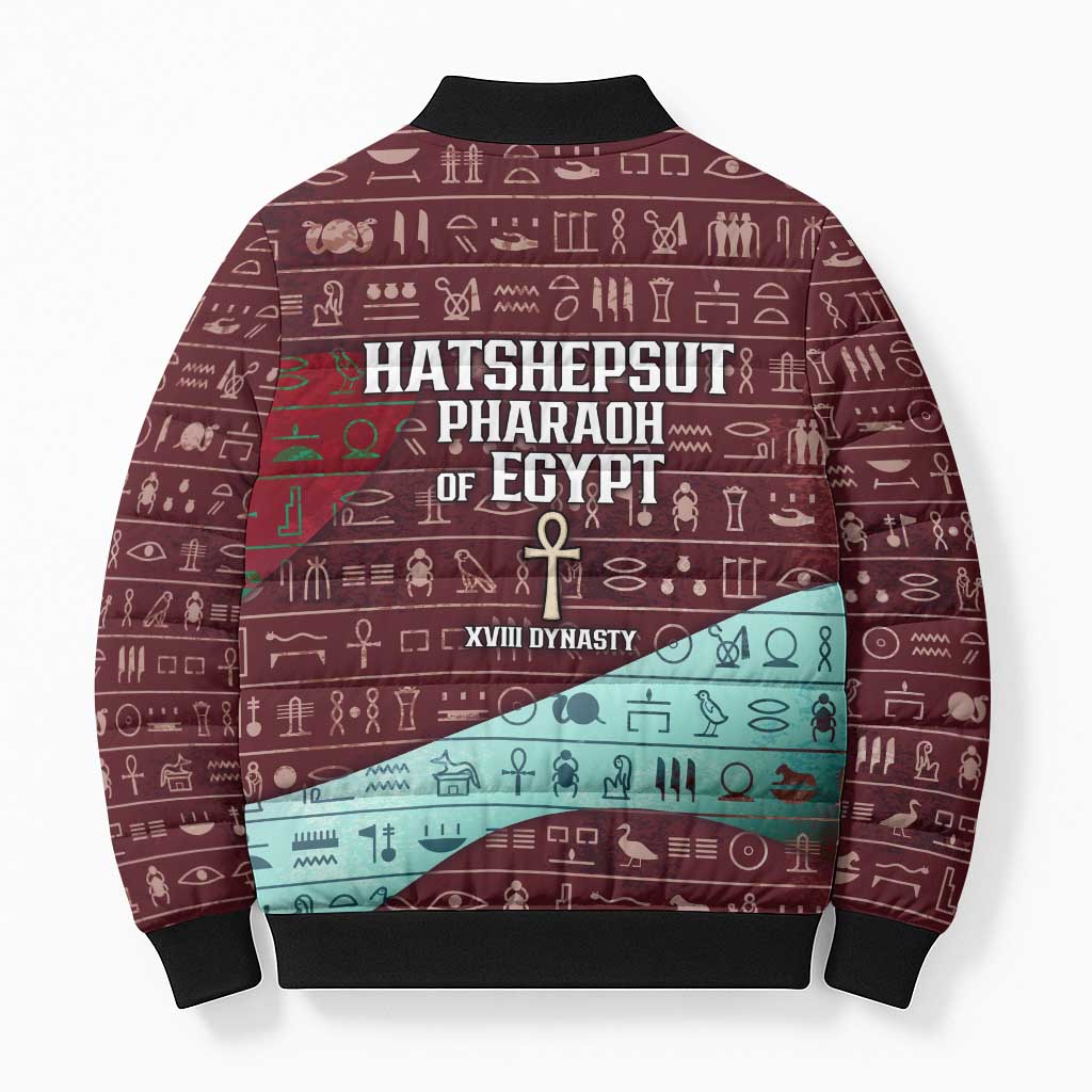 Hatshepsut Bomber Puffer Jacket with Pharaoh Bust Illustration, Female Pharaoh Title and Egyptian Hieroglyph - Wonder Print Shop