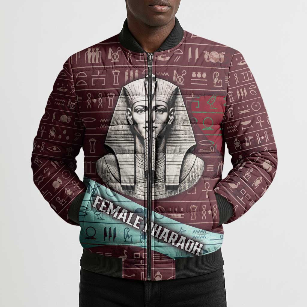 Hatshepsut Bomber Puffer Jacket with Pharaoh Bust Illustration, Female Pharaoh Title and Egyptian Hieroglyph - Wonder Print Shop
