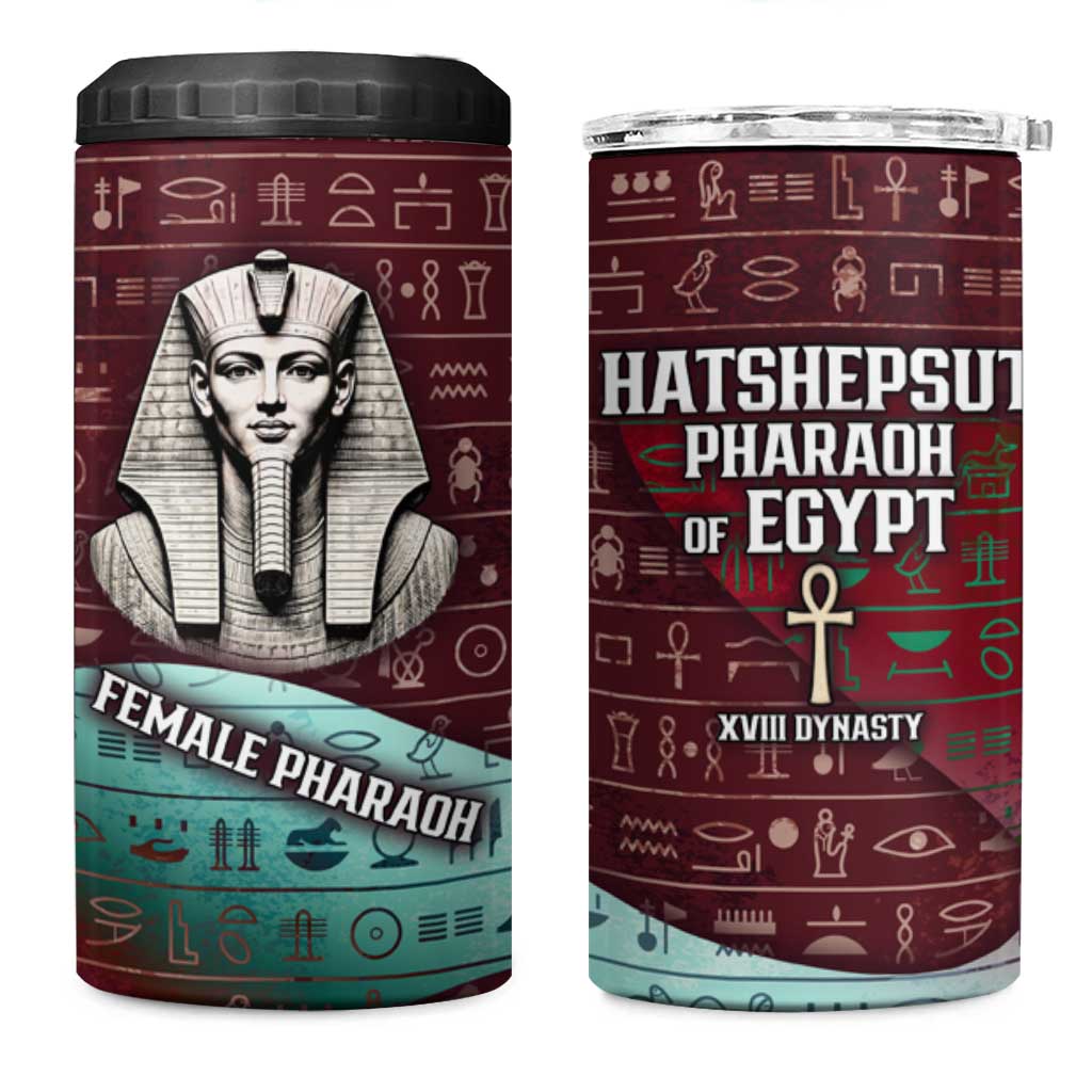 Hatshepsut 4 in 1 Can Cooler Tumbler with Pharaoh Bust Illustration, Female Pharaoh Title and Egyptian Hieroglyph - Wonder Print Shop