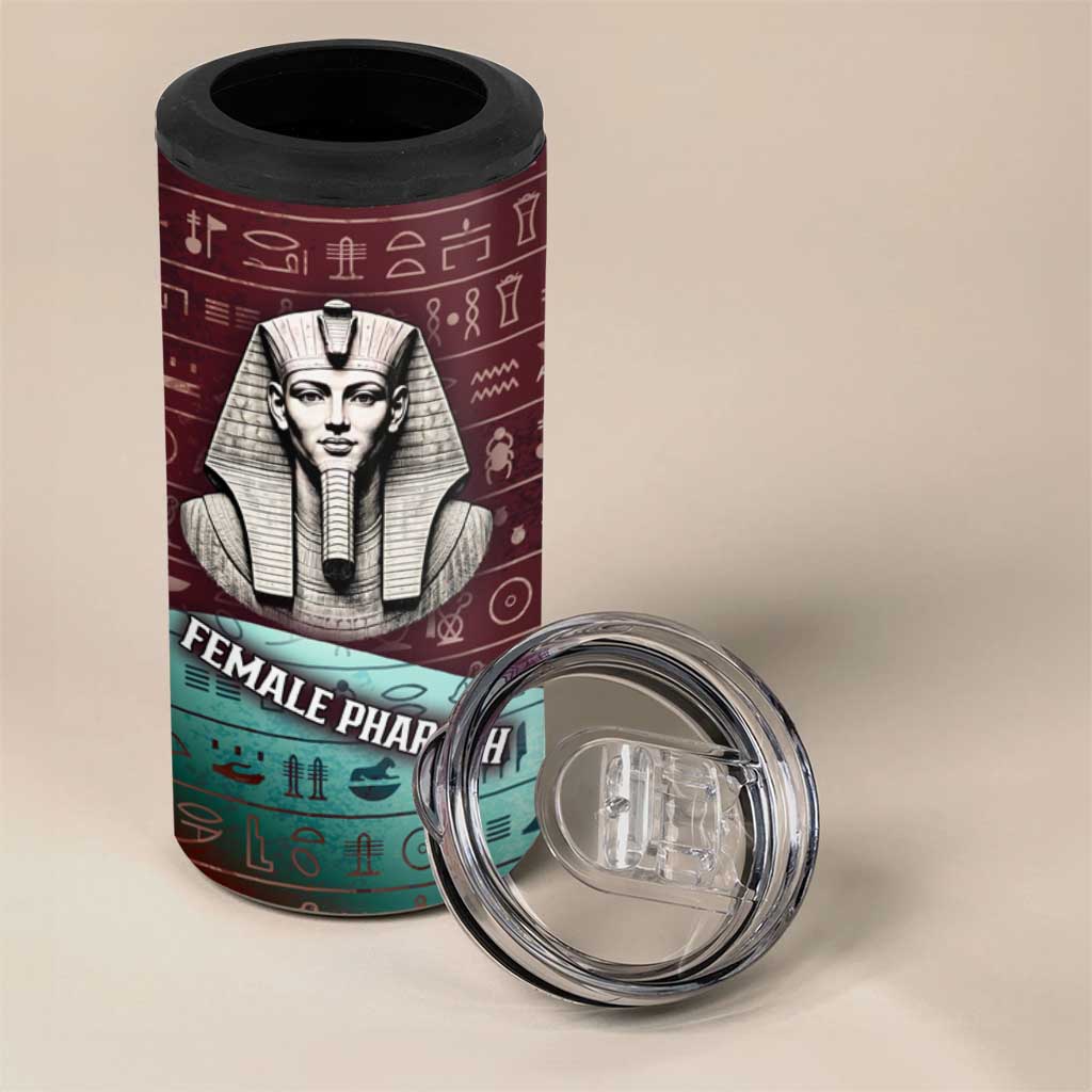Hatshepsut 4 in 1 Can Cooler Tumbler with Pharaoh Bust Illustration, Female Pharaoh Title and Egyptian Hieroglyph - Wonder Print Shop