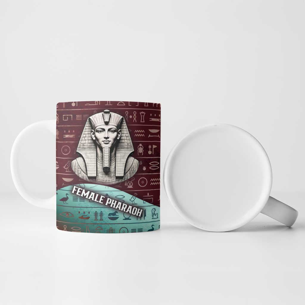 Hatshepsut Ceramic Mug with Pharaoh Bust Illustration, Female Pharaoh Title and Egyptian Hieroglyph - Wonder Print Shop