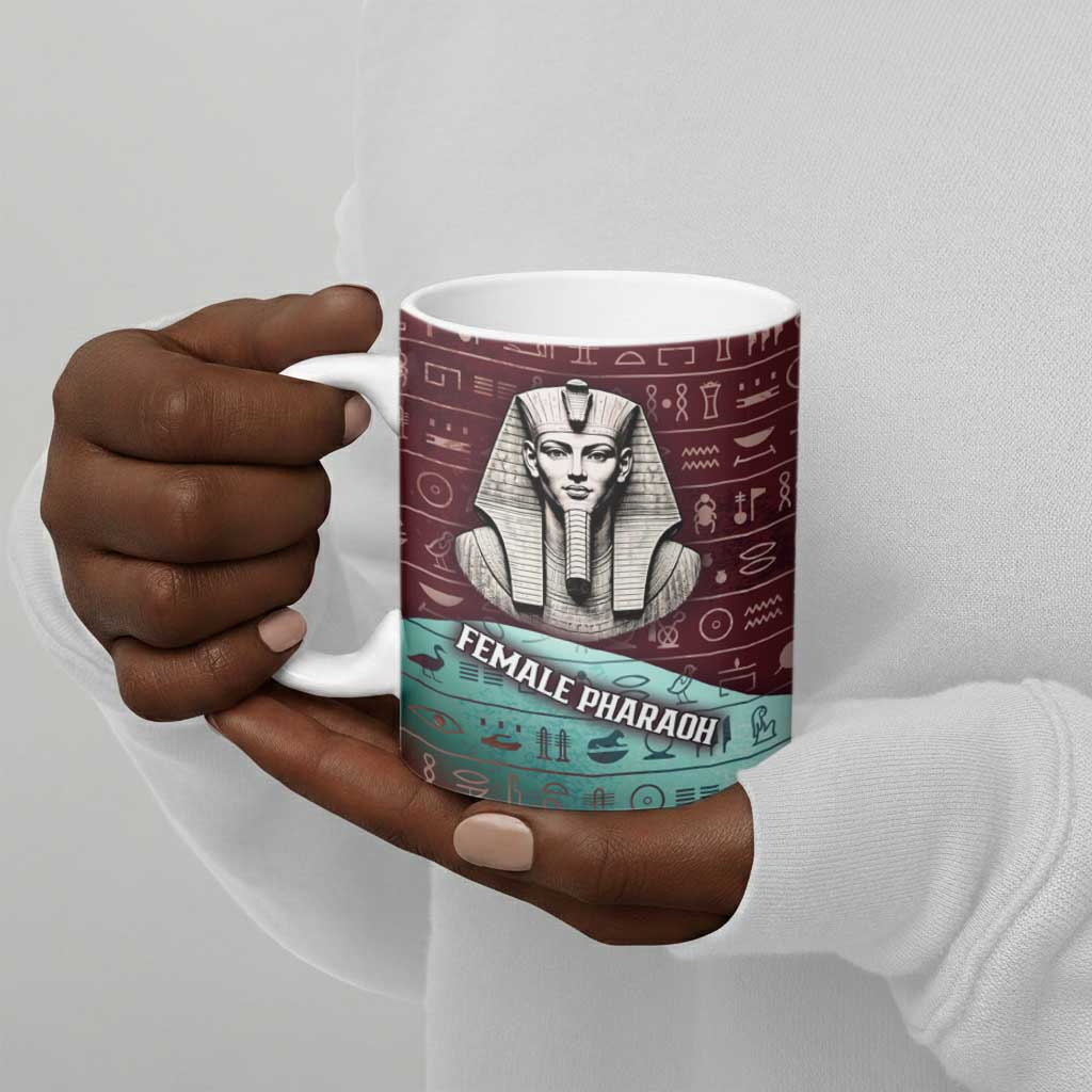 Hatshepsut Ceramic Mug with Pharaoh Bust Illustration, Female Pharaoh Title and Egyptian Hieroglyph - Wonder Print Shop