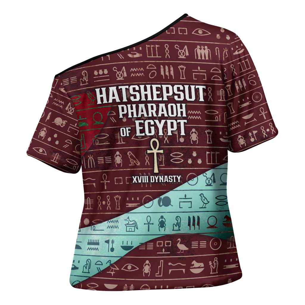 Hatshepsut Cross Shoulder Shirt with Pharaoh Bust Illustration, Female Pharaoh Title and Egyptian Hieroglyph - Wonder Print Shop